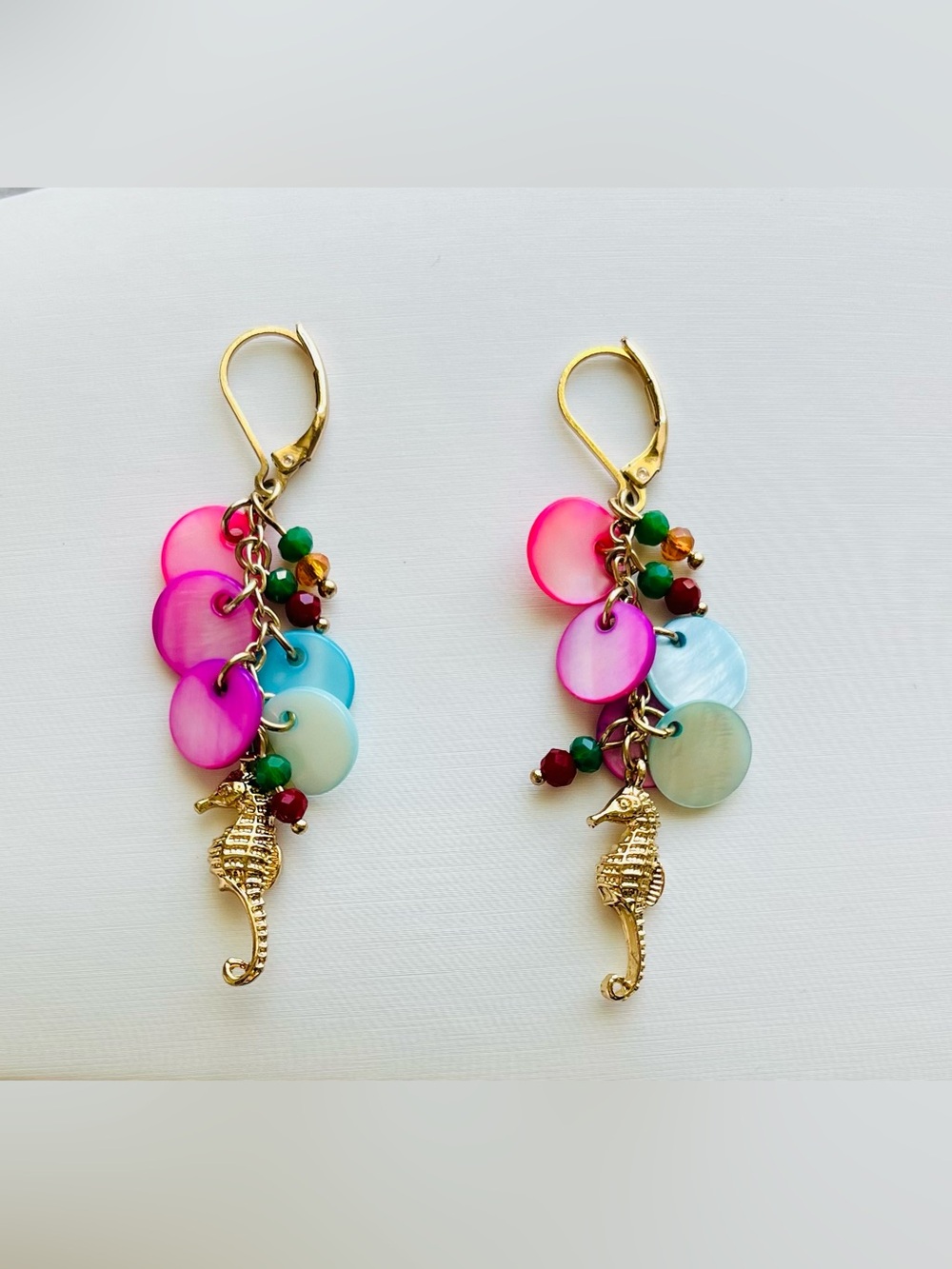 Ionna & lilly Gold Seahorse Dangle Earrings with Pink & Aqua Discs